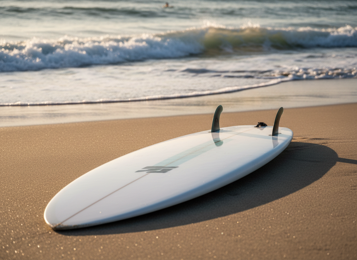 A refined beach break scene focused on a single high-performance shortboard resting fin-up on a smooth, damp shoreline where the tide has just receded. The board is glossy white with a subtle tinted resin strip down the stringer and brushed bronze fin bolts catching the light. Small, foamy shorebreak waves curl softly in the midground, with a clean, peeling shoulder further out, both slightly out of focus. Warm golden hour sunlight skims across the wet sand, creating sparkling reflections and a gentle glow along the rails. Captured from a low, three-quarter angle close to the tail, the composition leads the eye from the fins to the inviting peaks. The mood is serene, anticipatory, and distinctly surf-culture, rendered in crisp photographic realism.