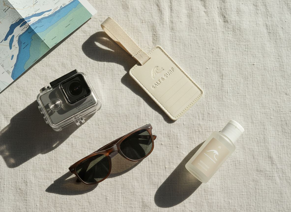 A premium surf travel flatlay arranged on sun-bleached linen: a compact, brushed-aluminum action camera inside a rugged water housing, a lightweight telescoping surfboard travel bag tag, polarized matte-finish sunglasses, and a small bottle of reef-safe sunscreen with a simple wave icon label. A folded, textured surf map corner peeks into the frame, showing an abstract coastline without readable text. Late-morning window light from the top right creates crisp, clean highlights and soft shadows, giving a luxurious yet approachable feel. Shot from directly overhead with balanced composition and negative space between objects, the scene feels organized and aspirational. The photographic style is modern, minimal, and lifestyle-oriented, ideal for a surf travel gear guide and subtle affiliate product recommendations.