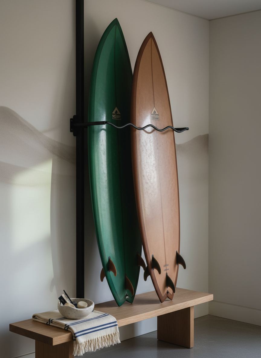 A sophisticated surfboard rack corner in a minimalist living space: a vertical, matte-black metal rack holding two mid-length surfboards with tinted resin—one deep emerald, one smoky amber—each with polished wooden fins. Below, on a low oak bench, sits a neatly folded premium poncho towel and a small, sculptural ceramic bowl filled with wax and fin keys. Soft, indirect afternoon light from a nearby window bathes the scene, creating gentle gradients on the board curves and subtle reflections on the floor. Shot at eye level with a moderate depth of field, the background is a slightly blurred, neutral-toned wall with an abstract wave print. The mood is curated and design-forward, photographic and editorial, showcasing surf lifestyle as part of a sophisticated home.