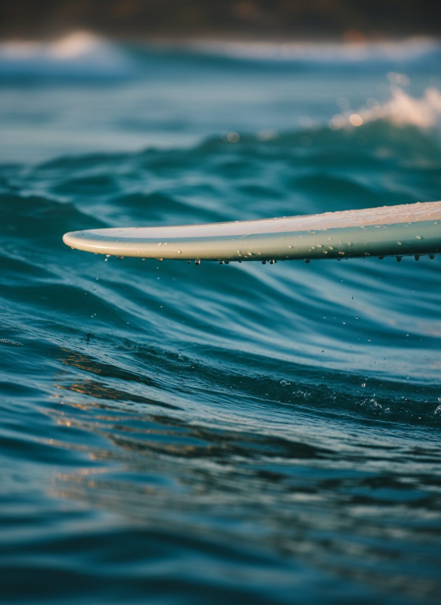A close-up, cinematic shot of a glossy longboard nose balanced above a perfectly smooth, waist-high wave at takeoff point, no rider visible. The board’s deck is pale cream with a polished, translucent resin tint at the rails, beads of seawater clinging and catching the light. The water glows deep turquoise, with subtle texture and a glassy surface reflecting the sky. Late-afternoon sun creates a warm side light, throwing a delicate rim of highlight along the rail and nose while the background fades into soft, abstract blues and greens. Captured from a low, water-level angle with a shallow depth of field, the mood is intimate, poised, and timeless, emphasizing pure surf aesthetics in sharp photographic realism.