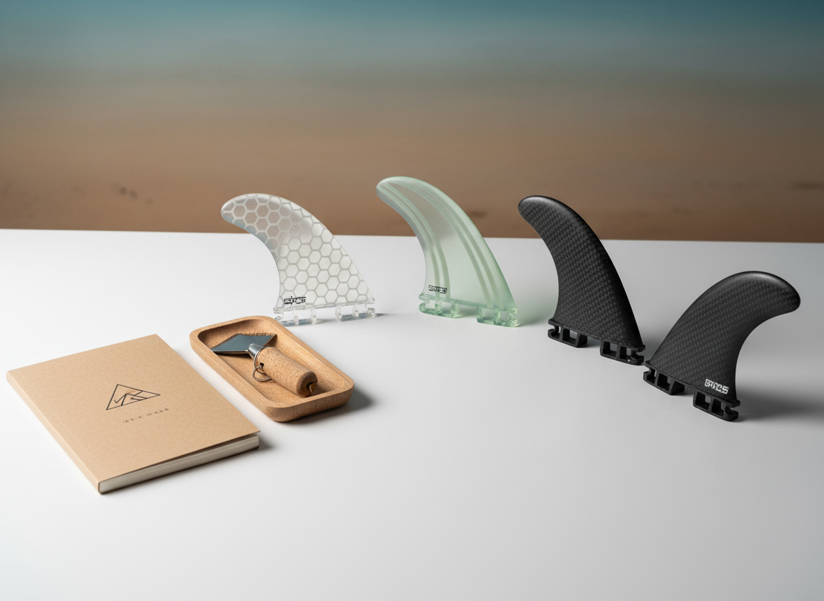 A neatly styled surfboard fin comparison scene on a smooth white table: three different sets of fins arranged in a gentle arc, each with distinct materials—honeycomb, clear fiberglass, and matte black carbon. Beside them sits an open kraft notebook with a simple geometric wave icon on the cover and a minimalist wooden tray holding a wax comb and natural cork key float. Soft studio lighting from the left creates delicate highlights along the fin foils and faint shadows that emphasize their curves. Shot from a slightly elevated angle with sharp focus throughout, the background fades softly into a muted, beach-toned gradient. The mood is analytical yet laid-back, photographic and editorial, perfect for a gear breakdown article on a refined surf blog.