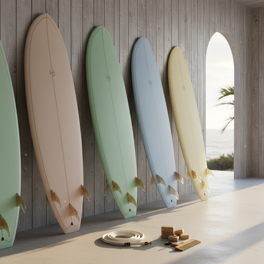 A sleek, modern surfboard quiver leaning against a weathered cedar wall in an upscale beach shack, each board a different muted pastel with matte finish, subtle pinlines, and polished fins. A neatly coiled, premium urethane leash rests on the smooth concrete floor beside a wax comb and eco-friendly surf wax. Late afternoon coastal light pours through a large open doorway, casting long, soft shadows and warming the sand-dusted floor. Shot at eye level with a shallow depth of field so the central board is razor sharp and the others fade into a gentle bokeh. The mood is sophisticated yet relaxed, photographic realism with a clean, editorial surf-lifestyle aesthetic ideal for a hero blog image.