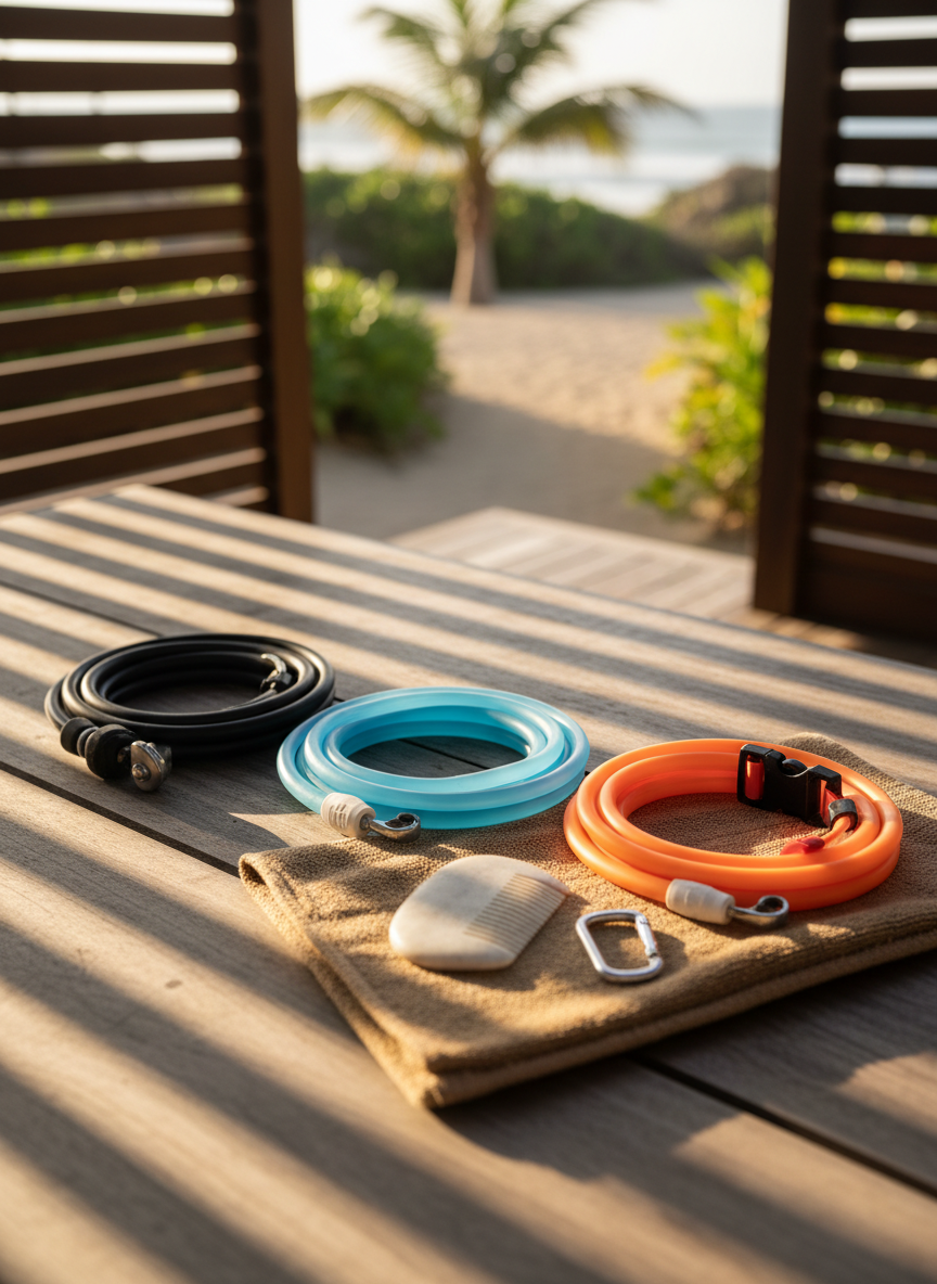 A tidy product-review scene on a driftwood table outside a chic surf bungalow: three different surfboard leashes neatly coiled in parallel—one heavy-duty, one competition-thin, one with a quick-release cuff—each with distinct colors and textures. Beside them, a smooth, pebble-shaped wax comb and a compact, brushed-steel carabiner lie on a folded, sand-colored microfiber towel. Warm, late-afternoon coastal light filters through slatted wooden shades, creating linear shadows across the arrangement. Shot from a slightly elevated, three-quarter angle with sharp focus on the central leash and gentle falloff toward the edges, the composition feels balanced and editorial. The mood is thoughtful and gear-oriented yet relaxed, perfect for a sophisticated surf blog comparing products and highlighting considered purchase choices.